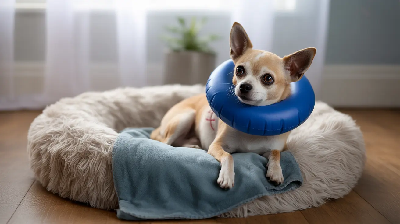A small Chihuahua in a blue recovery cone on a fluffy white bed with a gray blanket
