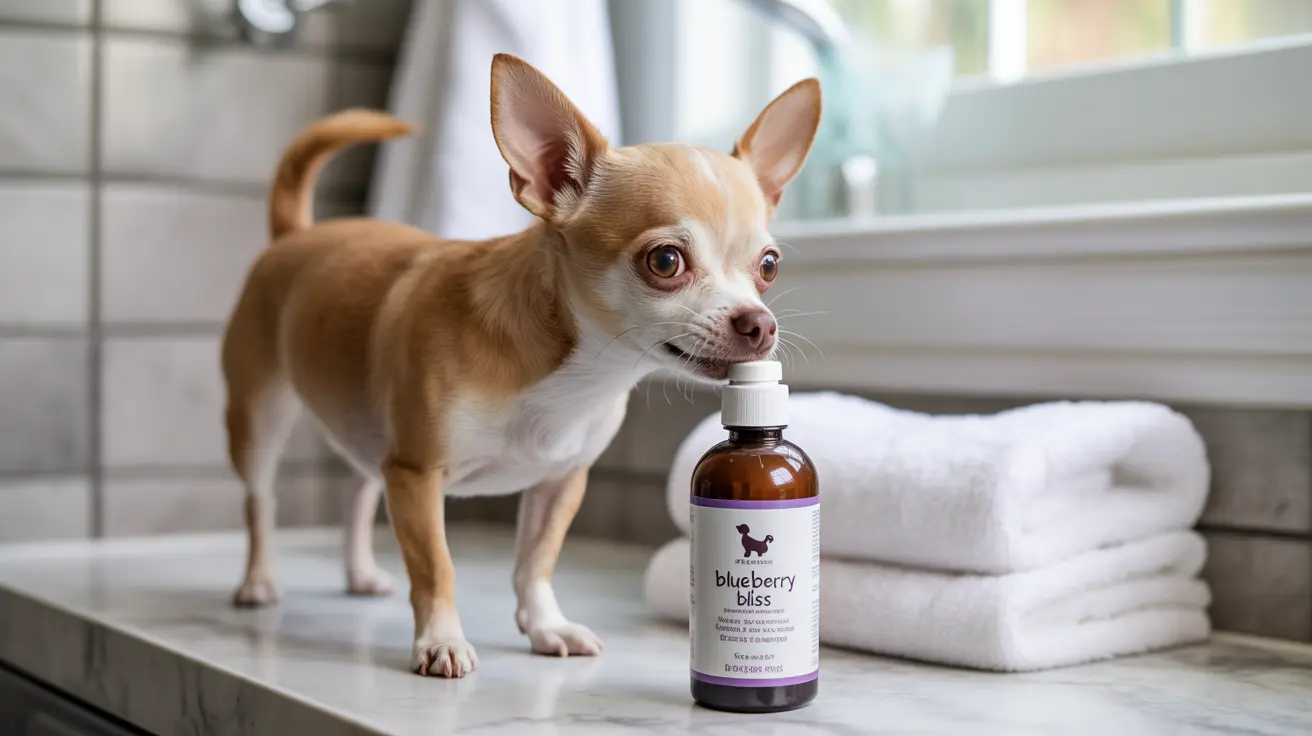 A small tan and white Chihuahua next to a bottle of 'Blueberry Bliss' pet product with folded white towels