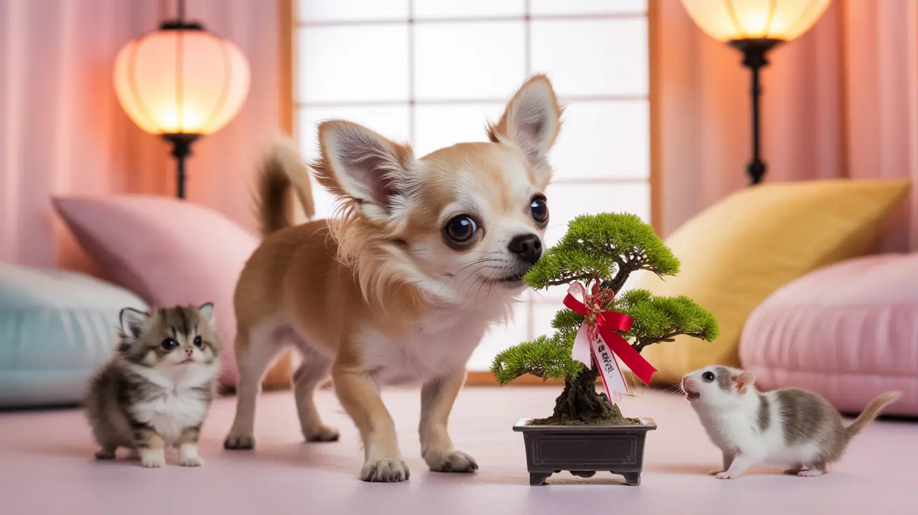 Small Chihuahua standing next to a bonsai tree with a kitten and hamster in a traditional Japanese-style room