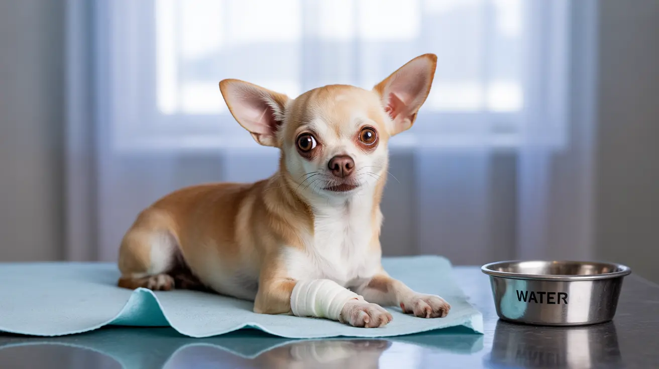 A small Chihuahua with a bandaged front paw resting on a blue medical towel near a water bowl