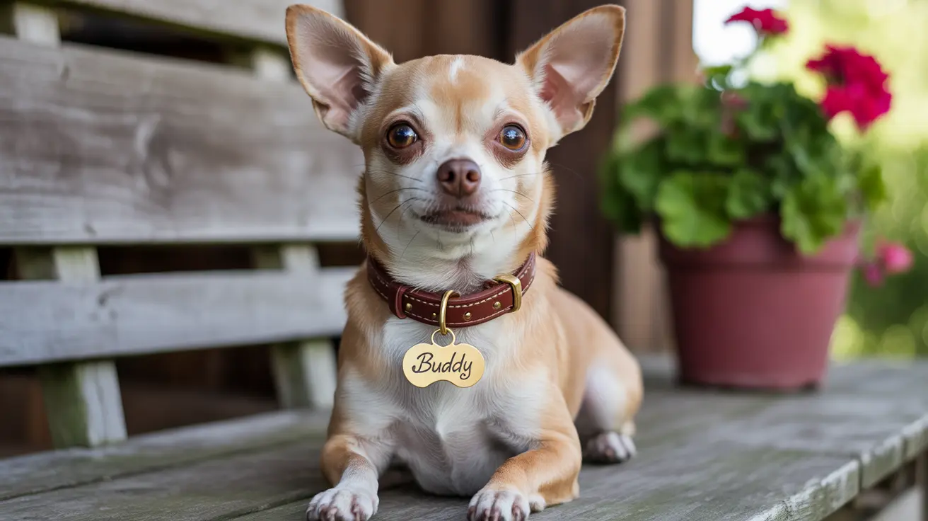 A light-colored Chihuahua with a 'Buddy' name tag sitting on wood