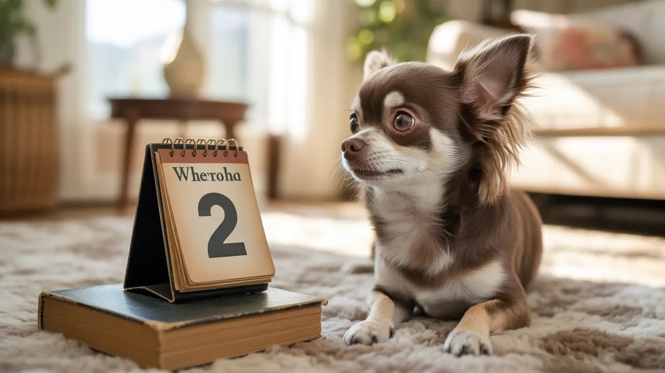 小さなチワワが「Wherora 2」と書かれたカレンダーの隣に座っている様子