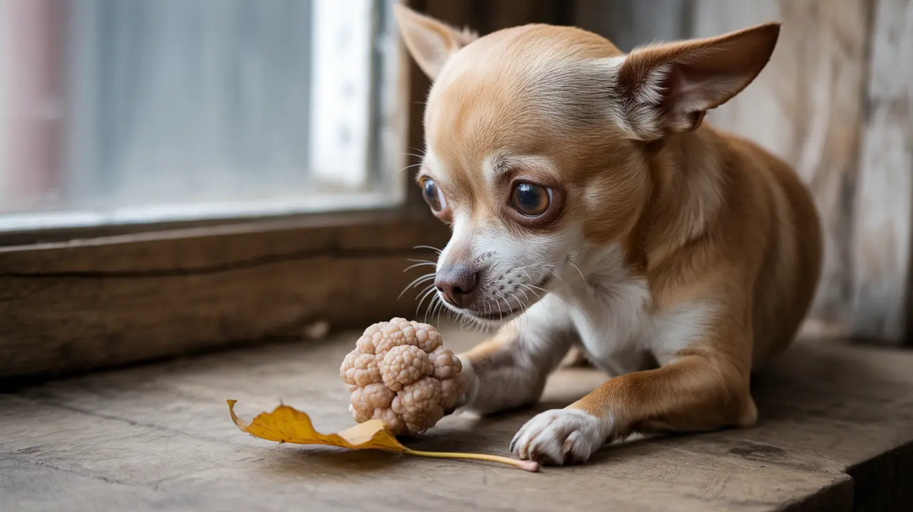 A small tan and white Chihuahua examining a cauliflower near a window