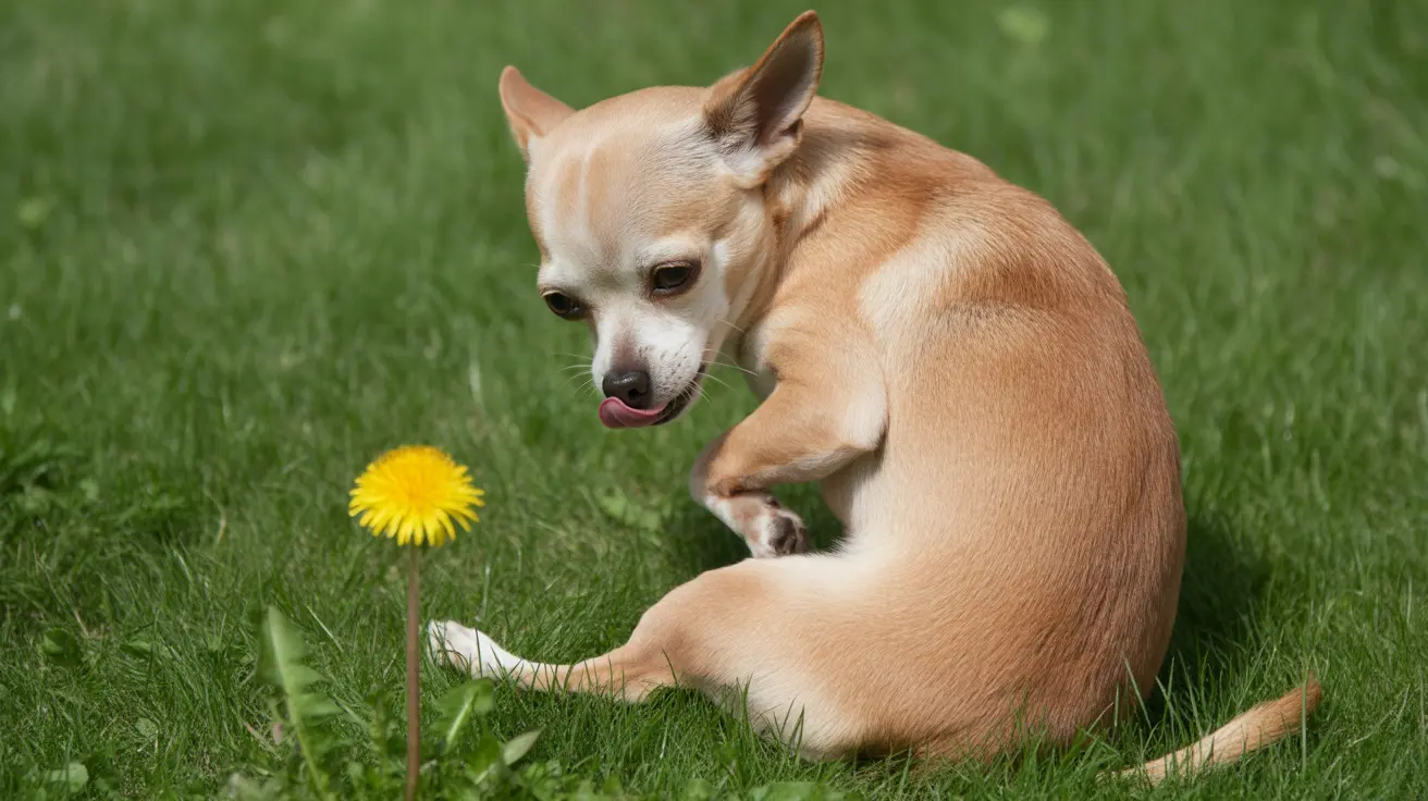 A small tan and white Chihuahua sitting on green grass next to a bright yellow dandelion flower