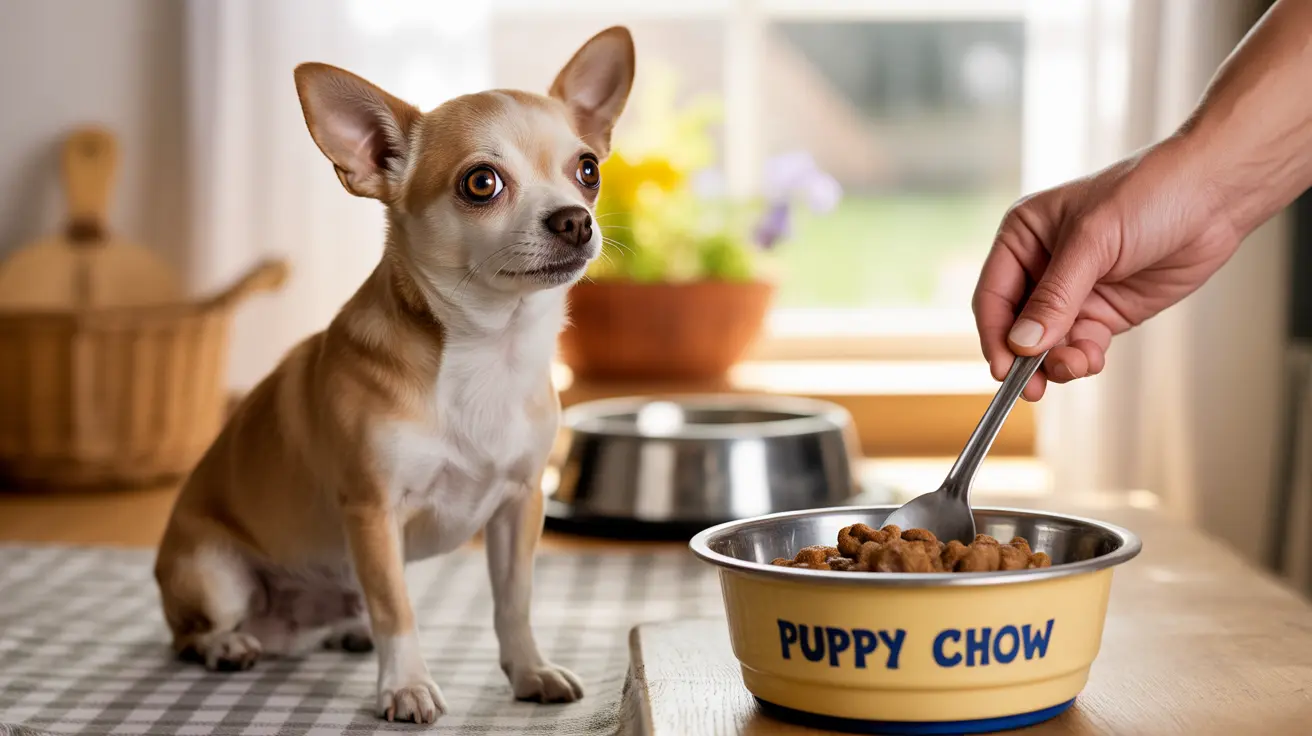 A small tan and white Chihuahua sitting next to a 'Puppy Chow' food bowl while a hand prepares to serve food.