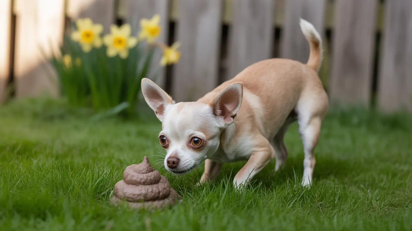 A small white and tan Chihuahua looking curiously at a pile of dog waste on a grassy lawn