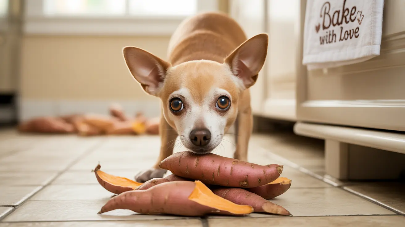 A small, alert Chihuahua dog sitting on a tiled floor next to some sweet potatoes.
