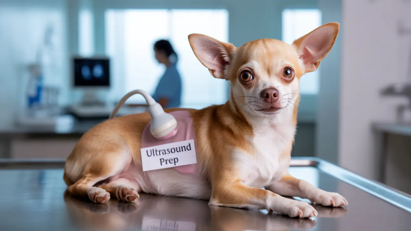 A small, alert Chihuahua preparing for an ultrasound in a veterinary clinic.