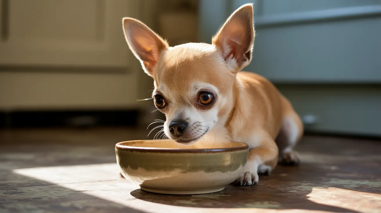 Small tan and white Chihuahua eating from ceramic bowl on wooden floor