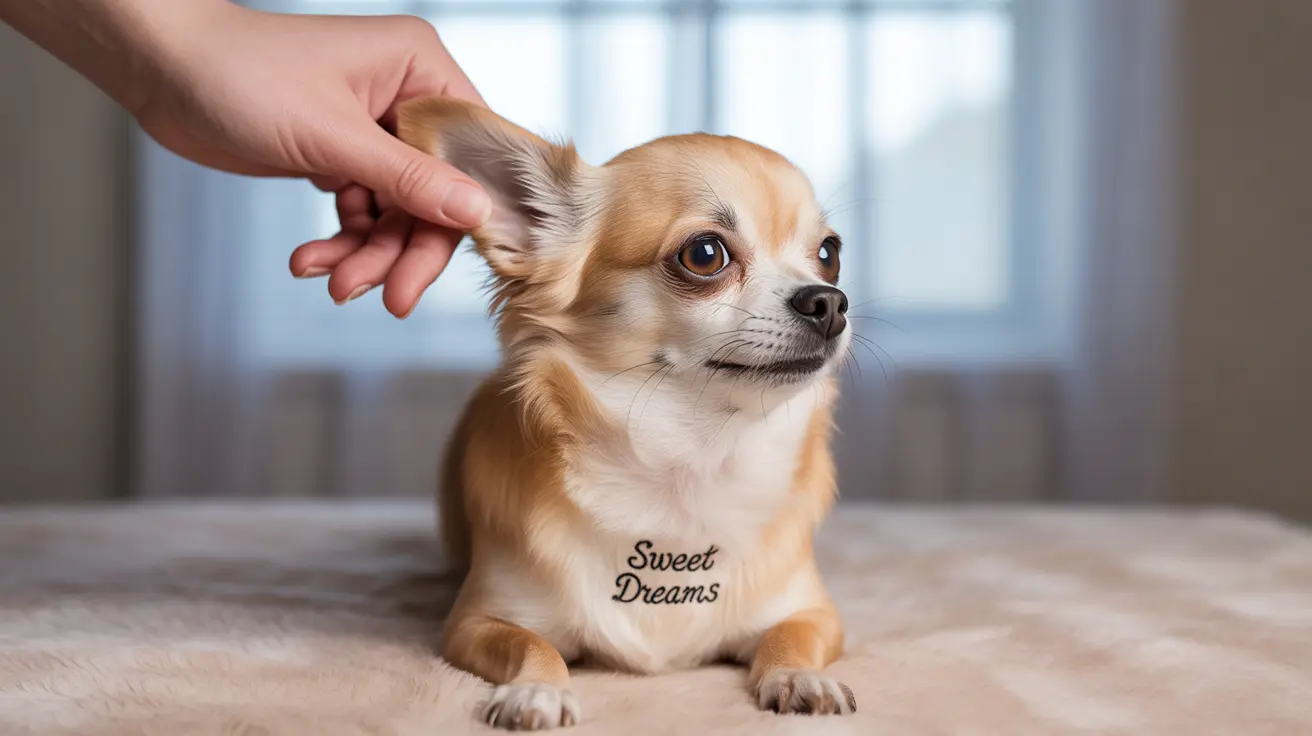 A small, long-haired Chihuahua being gently petted on its ear by a human hand