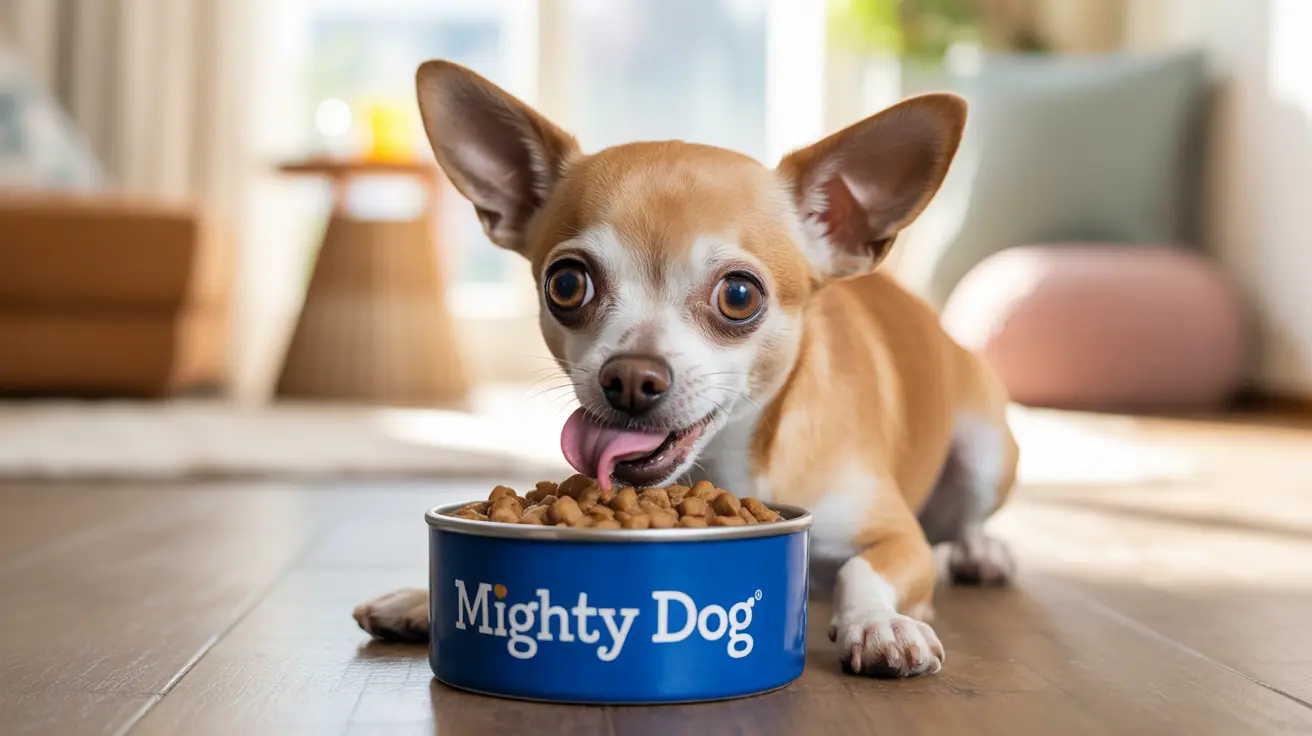 A small Chihuahua eagerly eating from a blue Mighty Dog food bowl