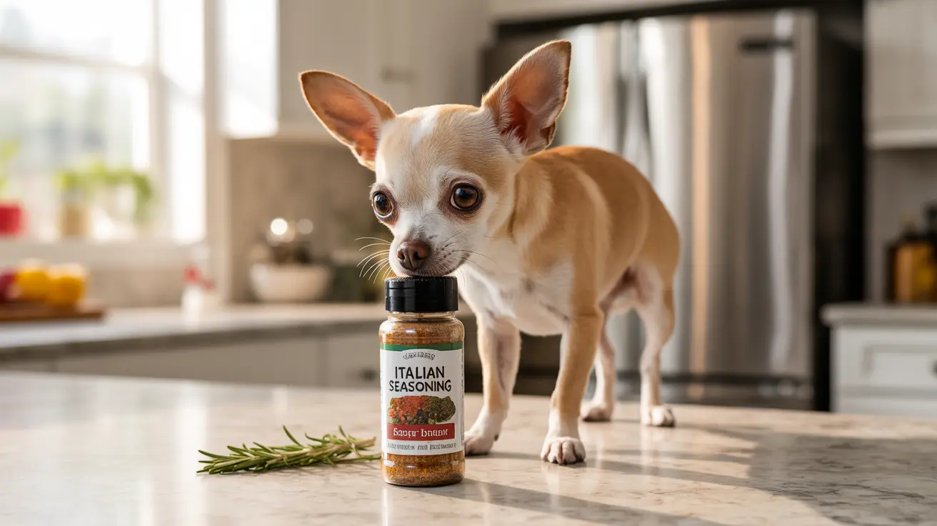 A small Chihuahua curiously examining an Italian seasoning spice bottle on a kitchen counter