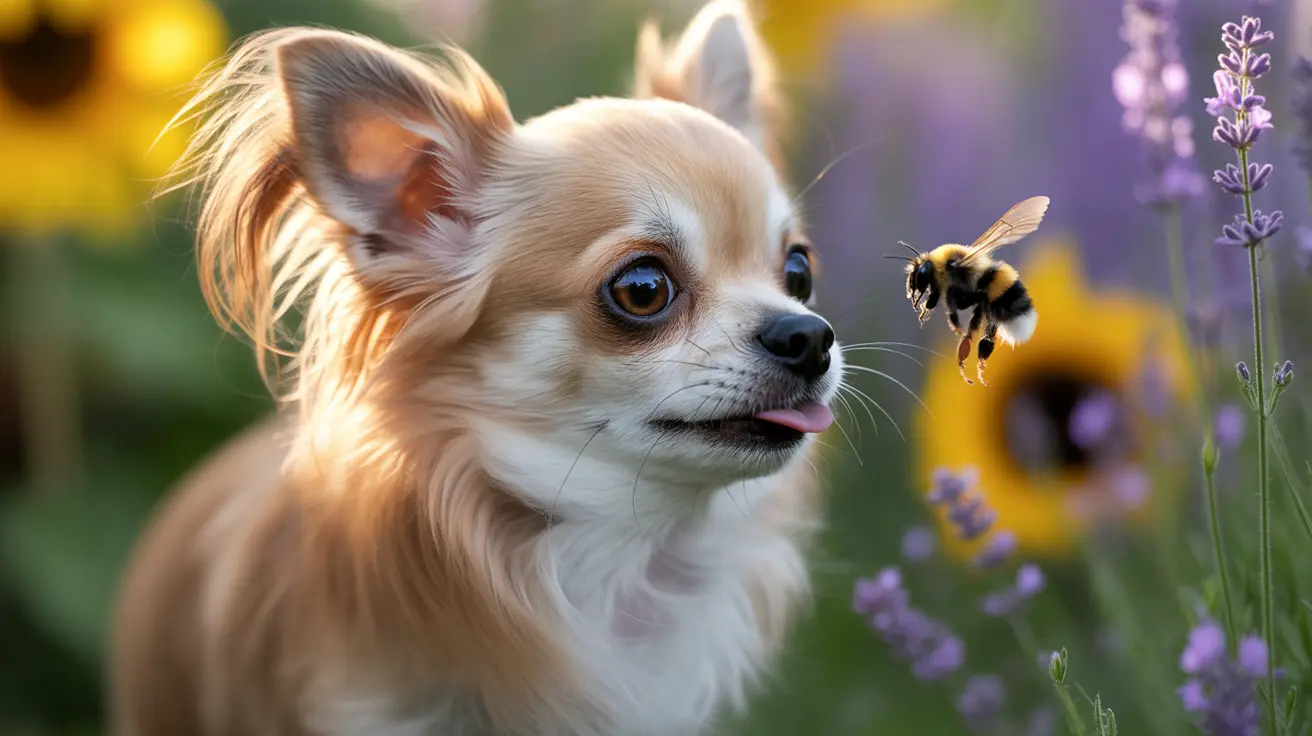 Small long-haired Chihuahua sitting calmly in a flower field with a bee hovering nearby