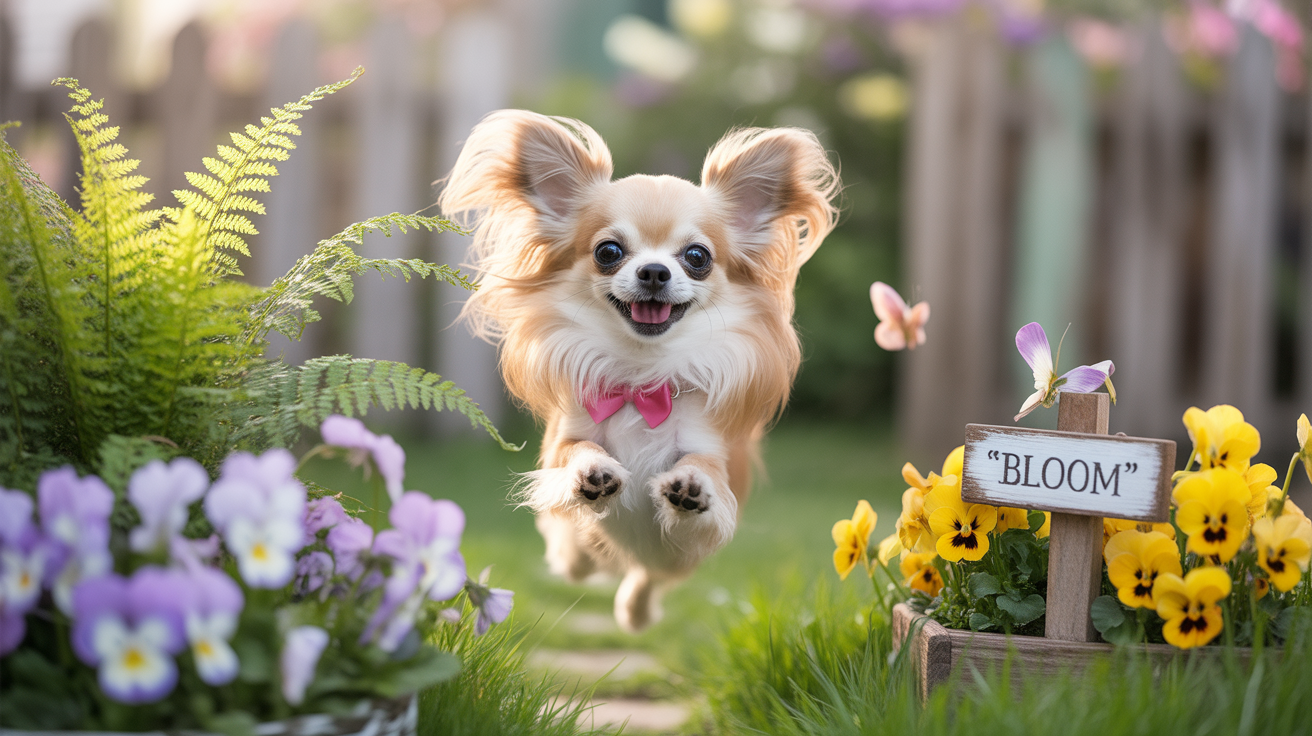 A cheerful long-haired Chihuahua leaping through a garden with flowers and a 'BLOOM' sign