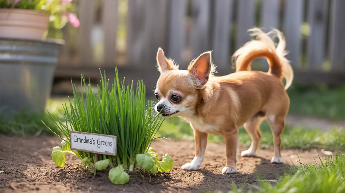 A small tan and white Chihuahua standing next to a garden sign that reads 'Grandma's Greens'.