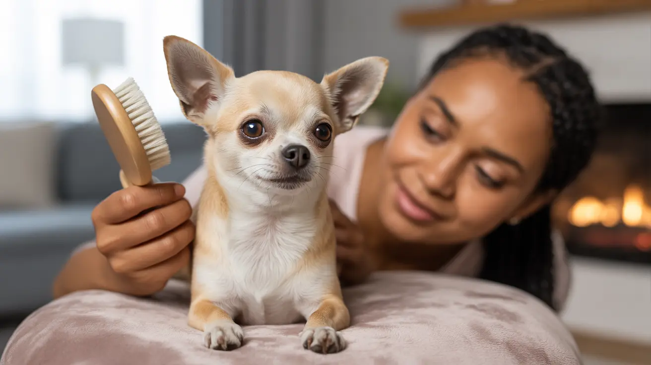 A small, cream-colored Chihuahua being groomed with a brush on a cushion