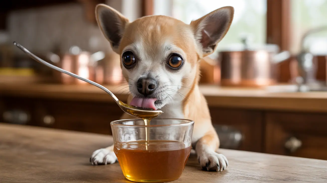 A small Chihuahua licking honey from a spoon over a glass bowl in a kitchen setting