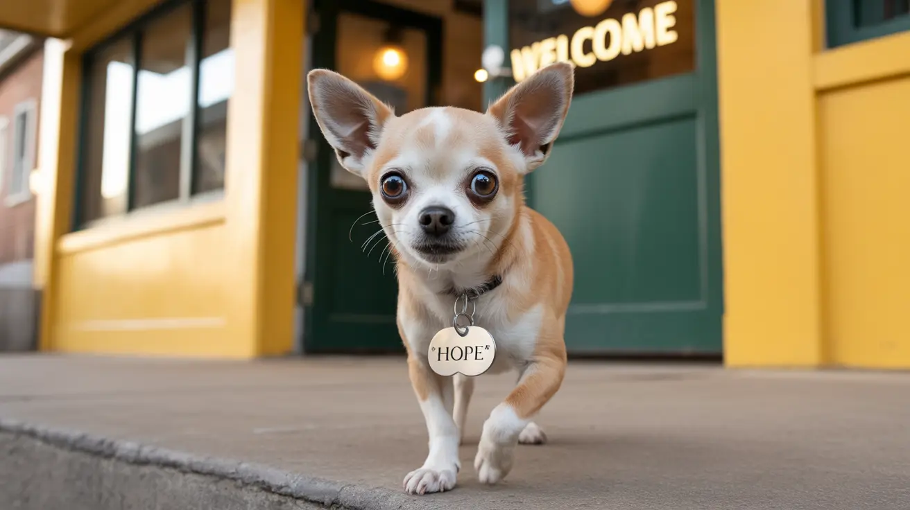 A small Chihuahua with a 'HOPE' tag in front of a welcoming building