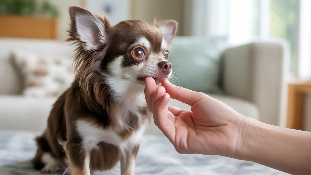 Small long-haired Chihuahua being gently touched on the chin by a human hand