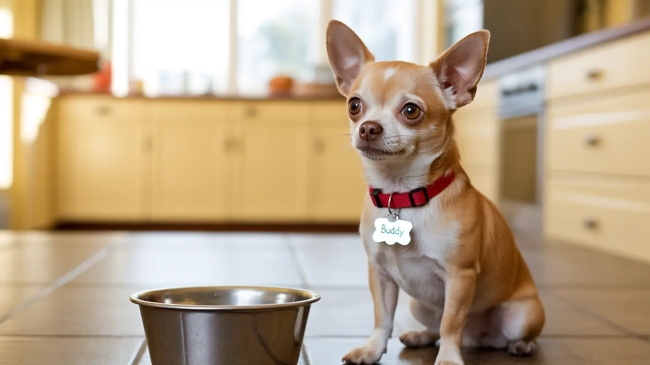 Un pequeño chihuahua marrón y blanco sentado atentamente al lado de un tazón de metal para comida en una cocina