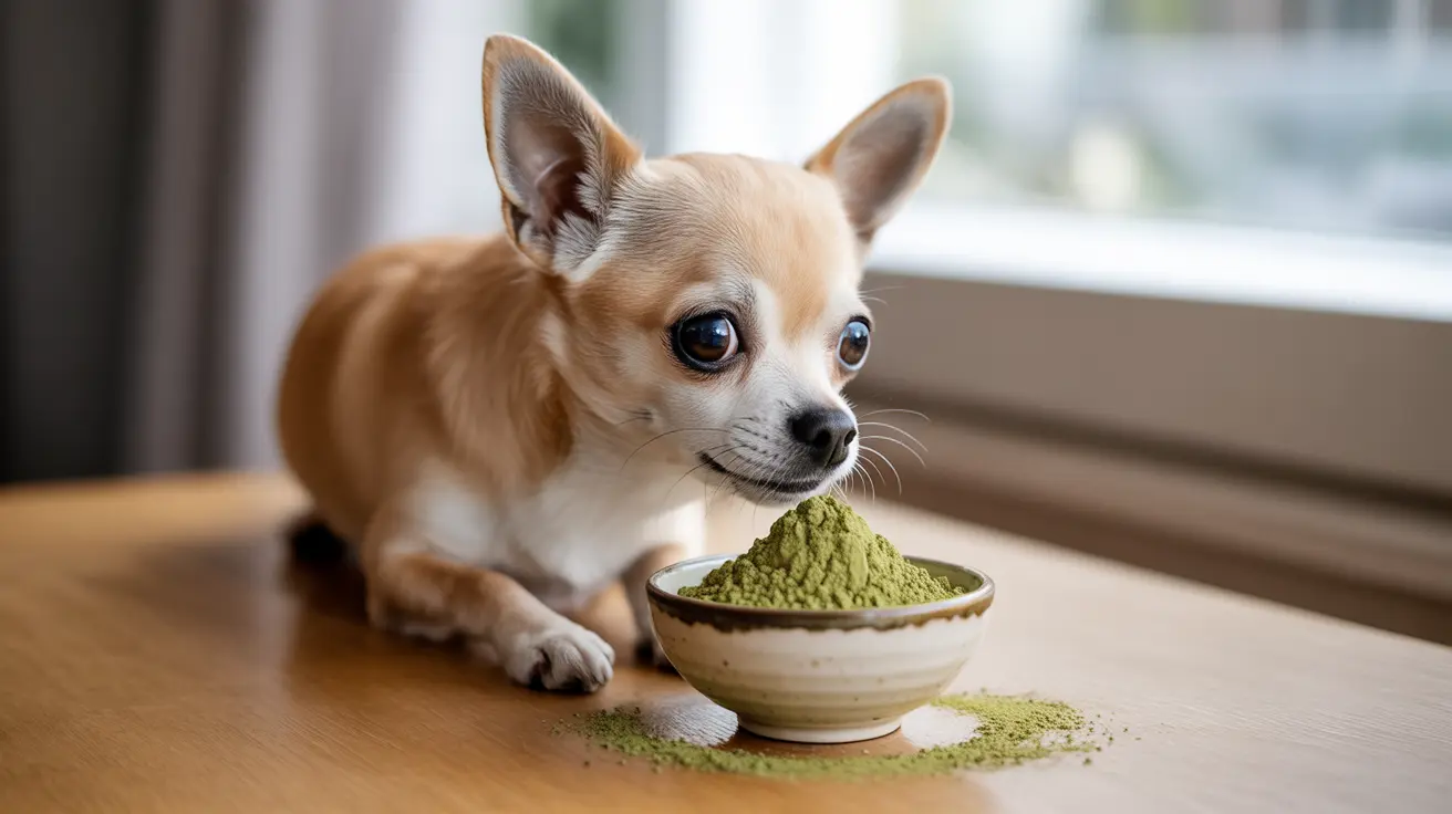 A small, tan and white Chihuahua sitting next to a bowl of green powder, appearing curious