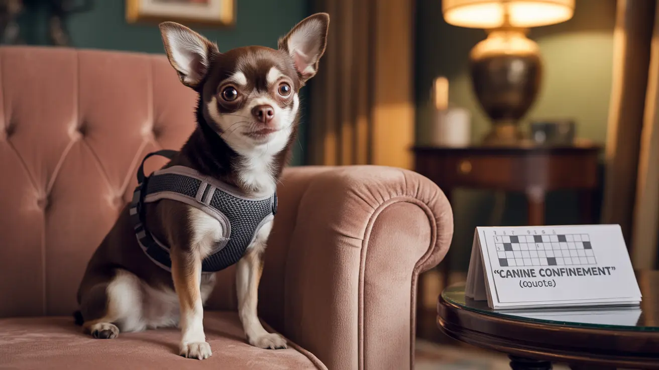 A small Chihuahua wearing a gray mesh harness sits on a pink tufted armchair with a crossword puzzle sign nearby.