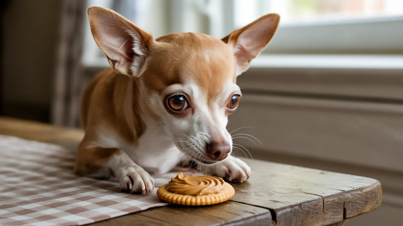 A small, tan and white Chihuahua staring at a peanut butter-topped cookie on a wooden table