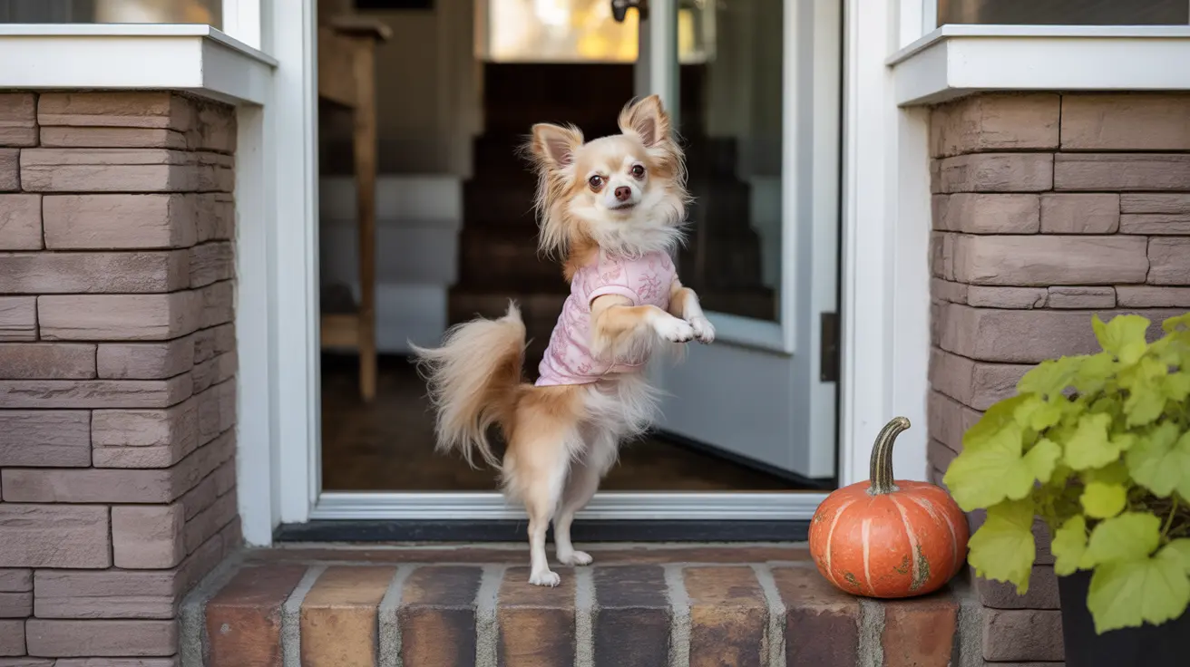A small Chihuahua dog and a friendly mail carrier sharing a moment in a suburban neighborhood