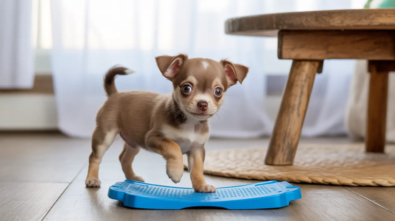 A small, adorable Chihuahua puppy standing on a blue training pad indoors