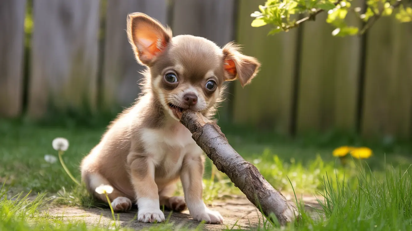 A tiny Chihuahua puppy sitting on the ground and chewing on a wooden stick.