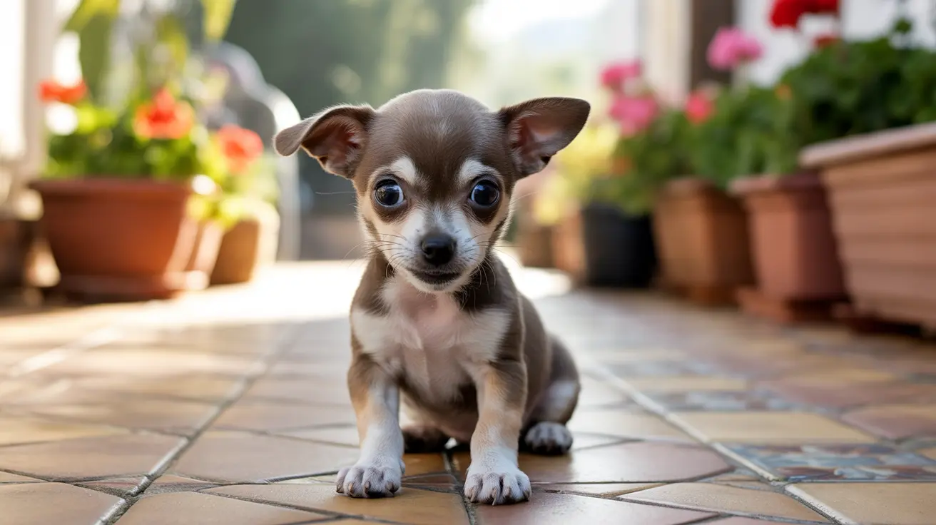 A tiny Chihuahua puppy sitting alertly on a tiled floor with flower pots in the background.
