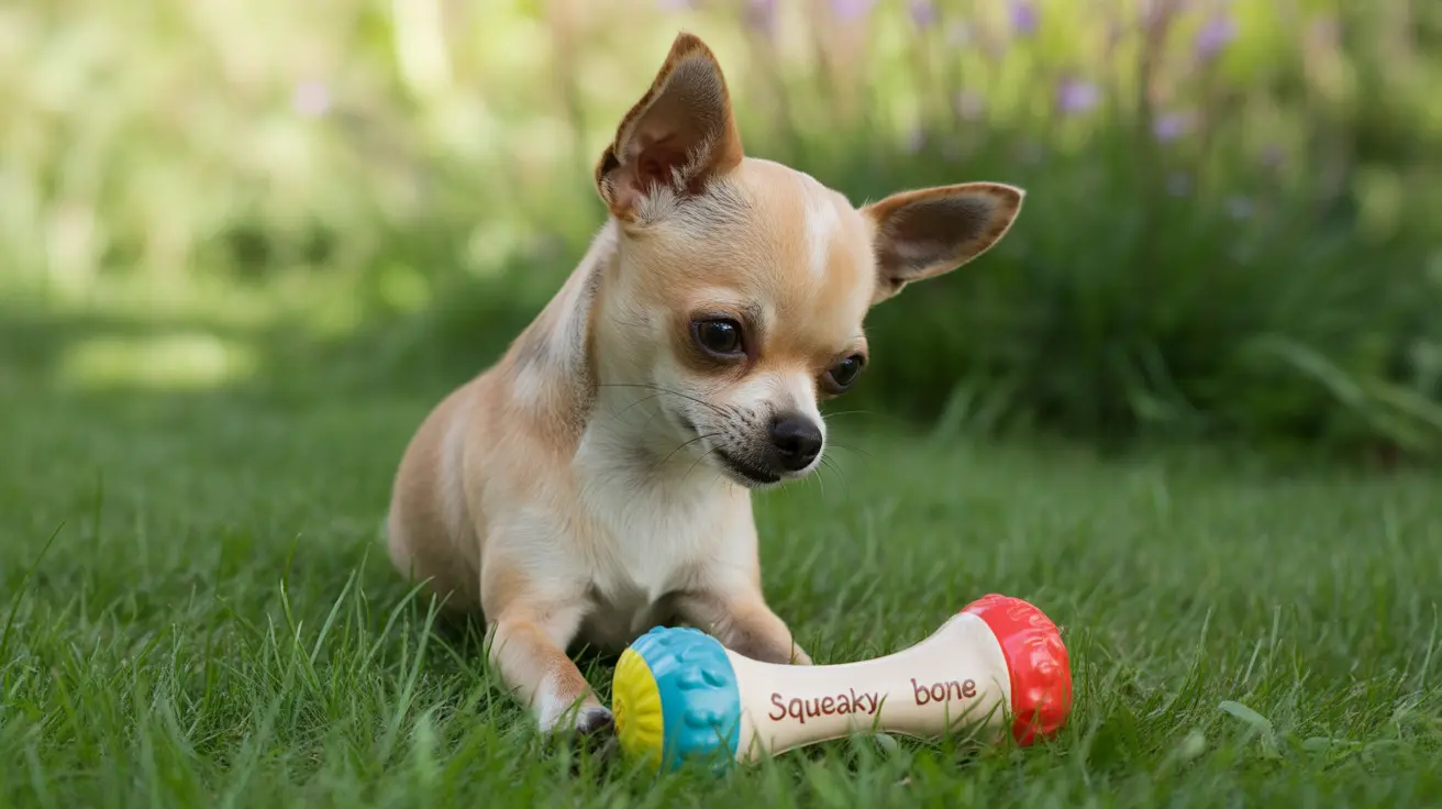 A small, tan and white Chihuahua puppy sitting on green grass with a colorful squeaky bone toy