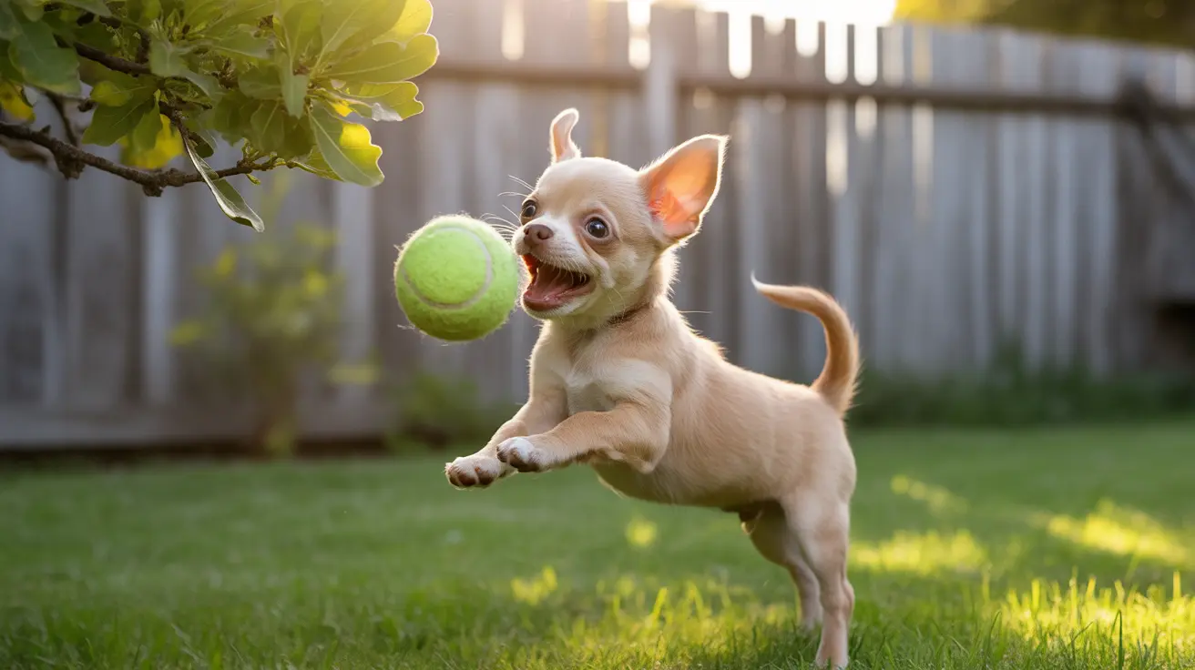 Playful Chihuahua puppy jumping to catch a green tennis ball in a sunny backyard