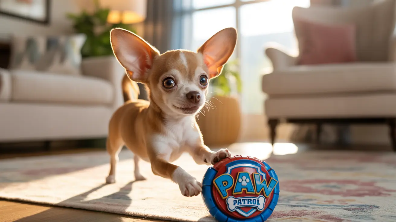 A small tan and white Chihuahua puppy playing with a Paw Patrol ball in a sunlit living room