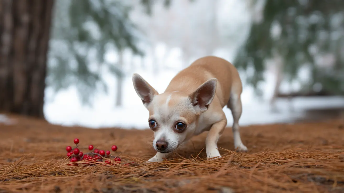 A small, light-colored Chihuahua puppy near bright red berries on pine needles
