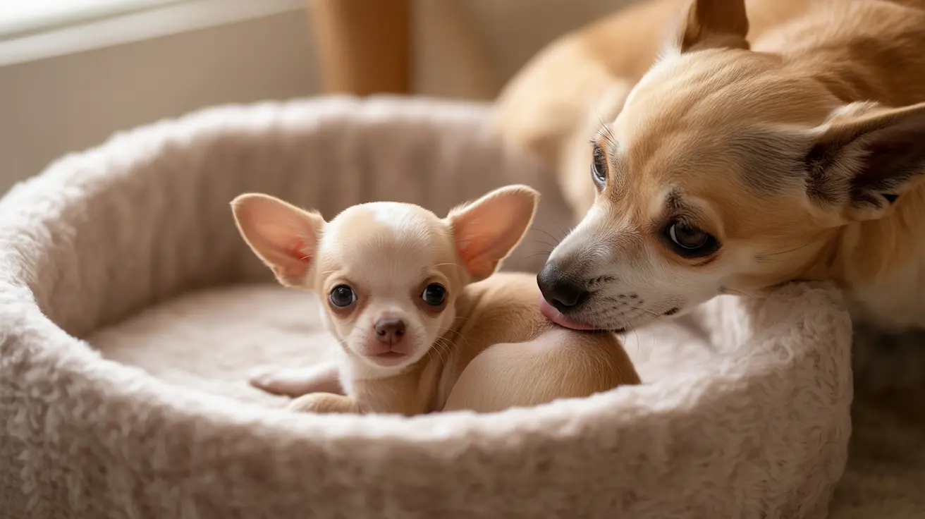 A tiny Chihuahua puppy nestled in a soft, cream-colored pet bed with an adult Chihuahua looking tenderly nearby