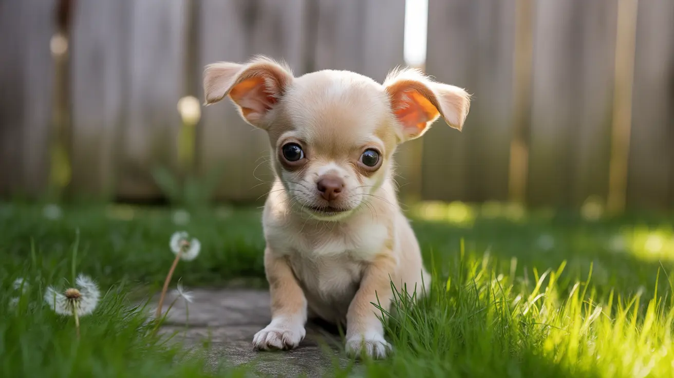 An adorable tiny Chihuahua puppy sitting on a stone pathway surrounded by lush green grass