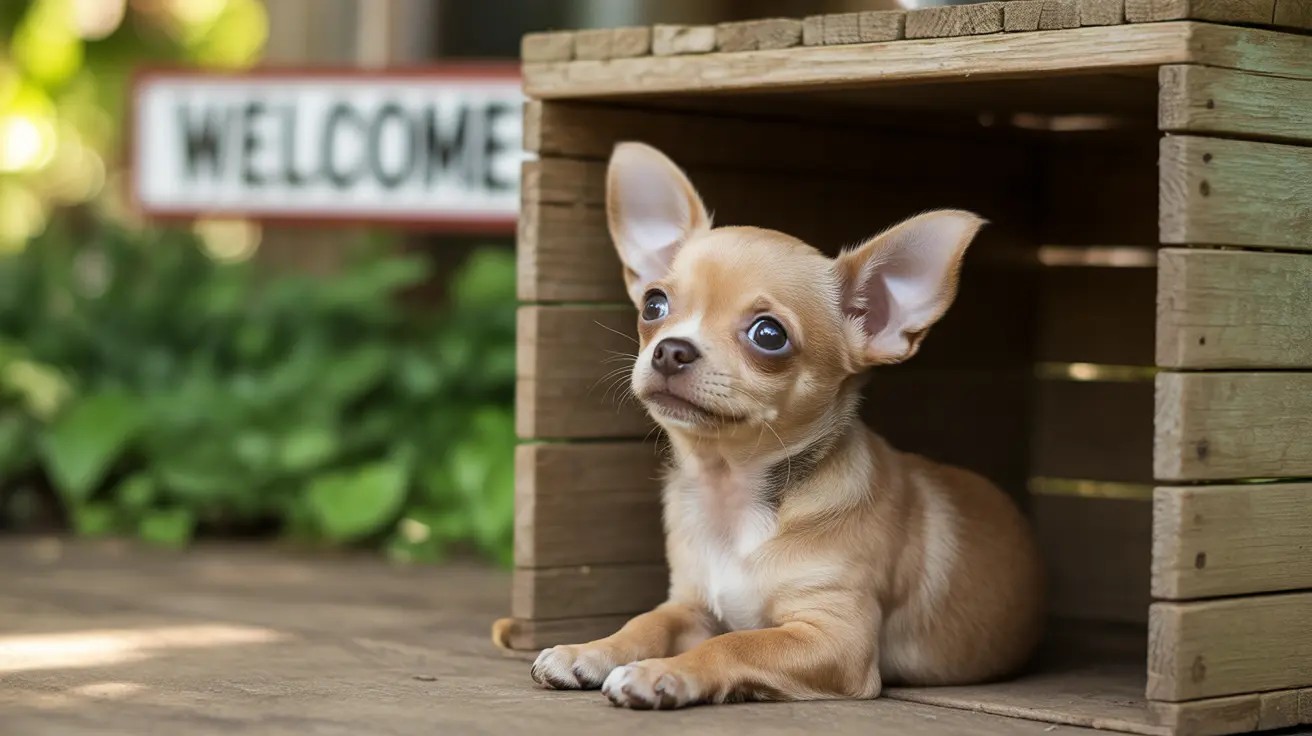 A small, alert Chihuahua puppy sitting inside a wooden shelter with a 'Welcome' sign in the background.