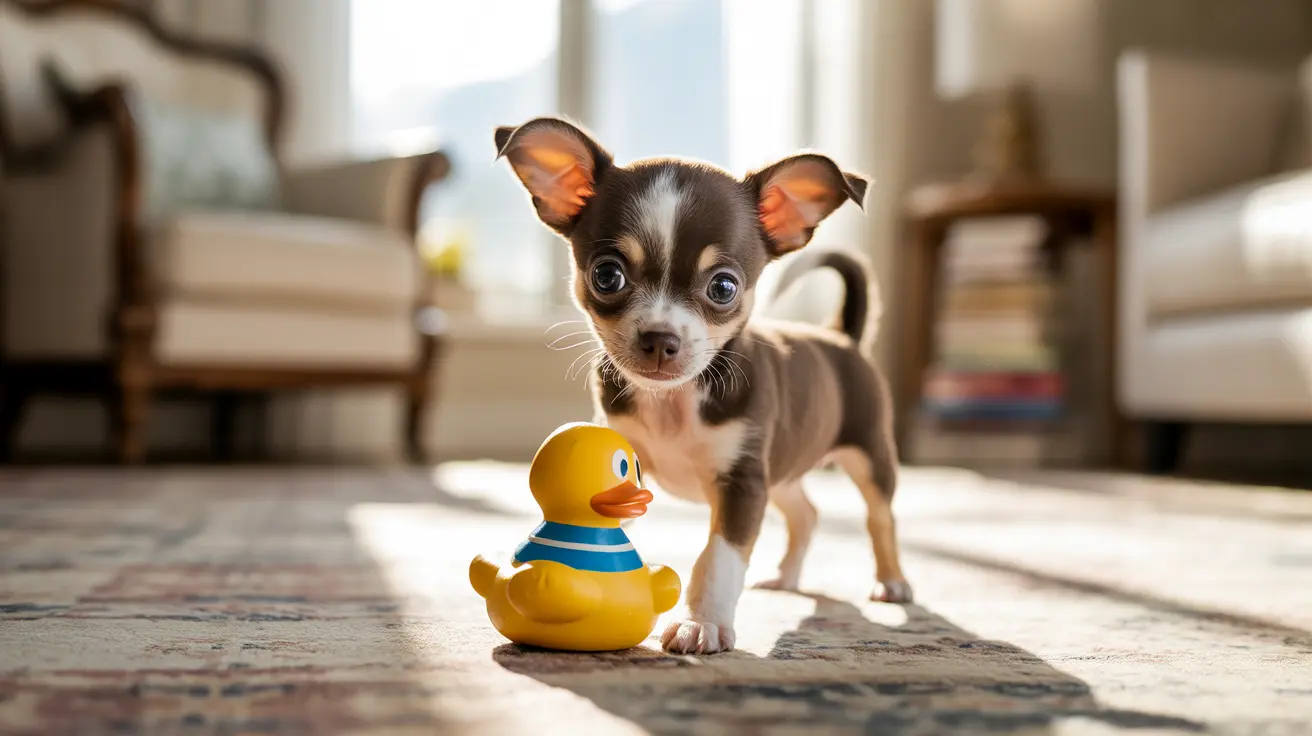A tiny Chihuahua puppy standing next to a yellow rubber duck toy on a patterned rug