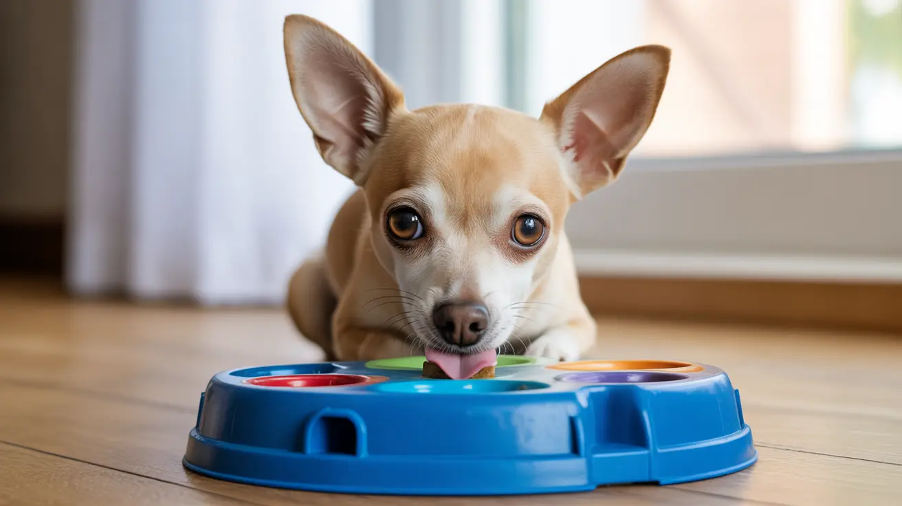 A light-colored Chihuahua interacting with a colorful blue puzzle feeder toy