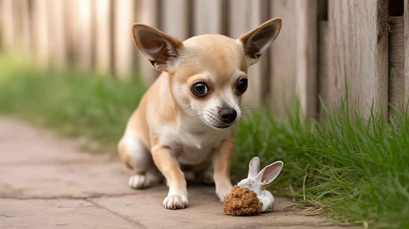 A small, light-colored Chihuahua sitting next to a tiny white rabbit near a wooden fence and grass.