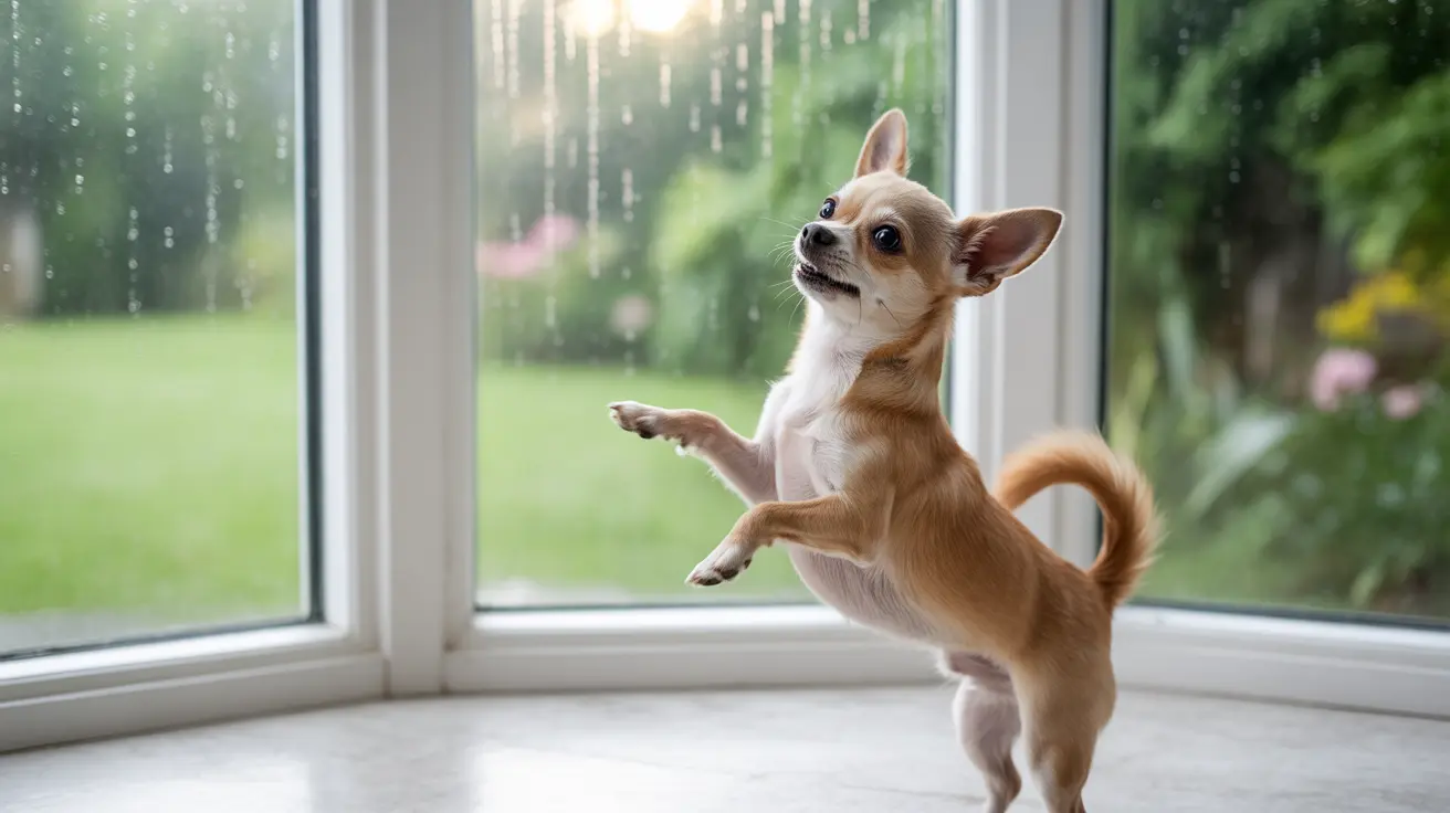 A small Chihuahua standing on its hind legs looking out a rainy window.