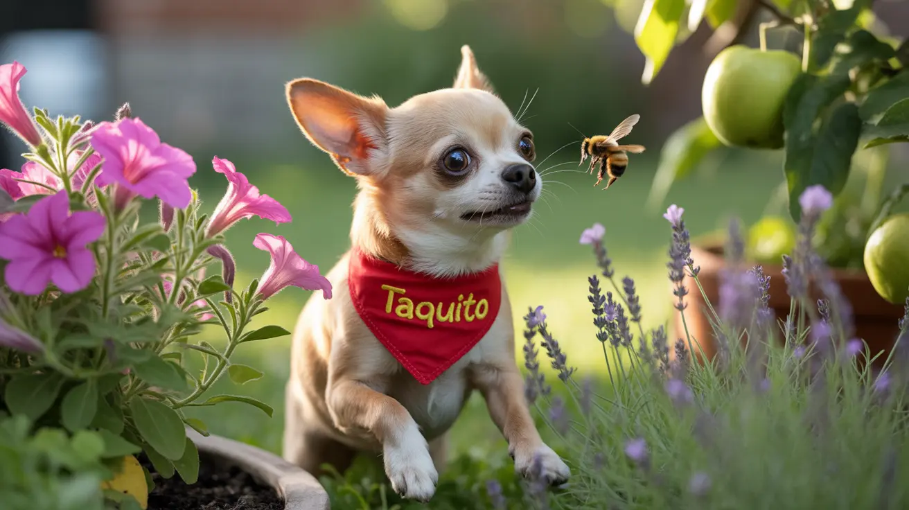 A small Chihuahua wearing a red bandana sits in a garden with pink flowers and lavender, with a bee flying nearby