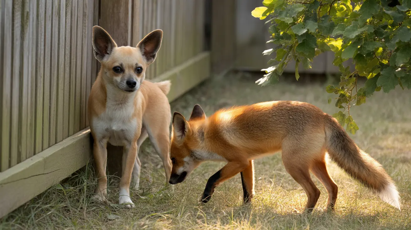A Chihuahua and a red fox standing together in a backyard near a wooden fence