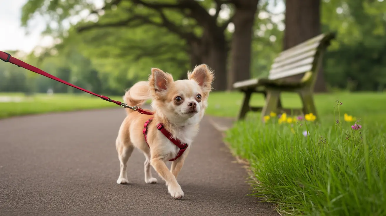 Small fluffy Chihuahua wearing a red harness and leash walking on a park path