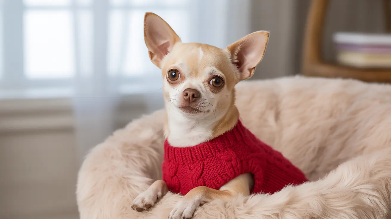 A small, alert Chihuahua wearing a bright red knitted sweater sitting in a soft, fluffy beige pet bed