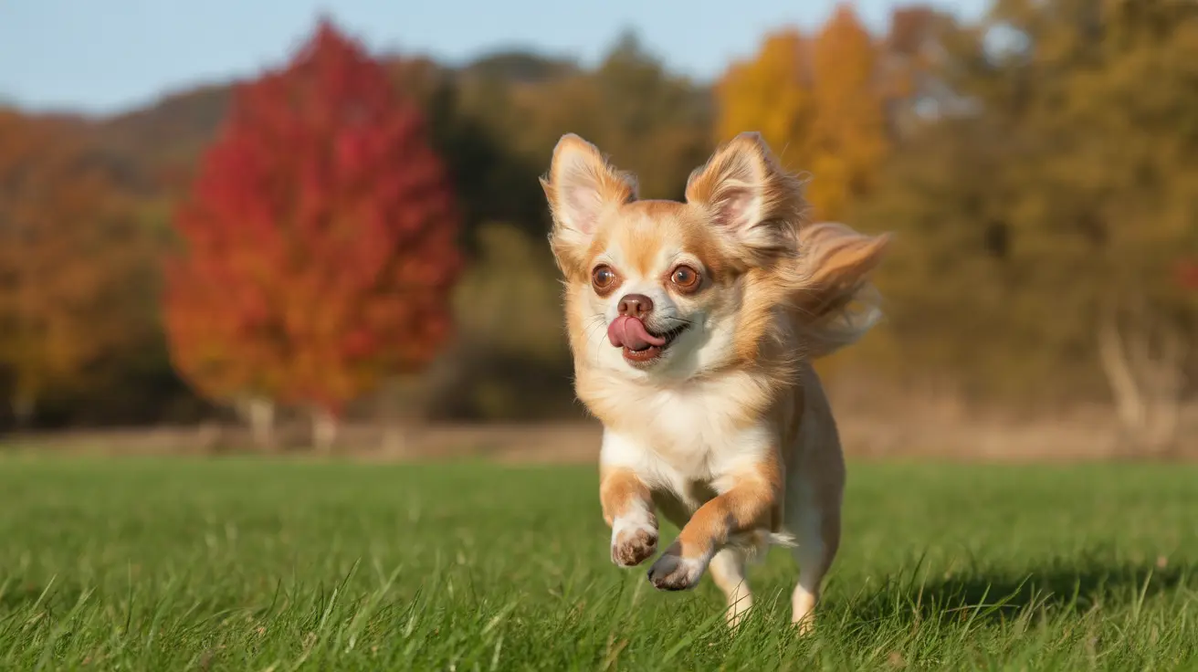 Un pequeño chihuahua corriendo a través de un campo de hierba con árboles otoñales vibrantes al fondo.
