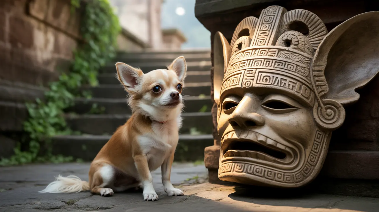 A small tan and white Chihuahua sitting alertly next to an ornate Mesoamerican-style stone sculpture of a face or mask