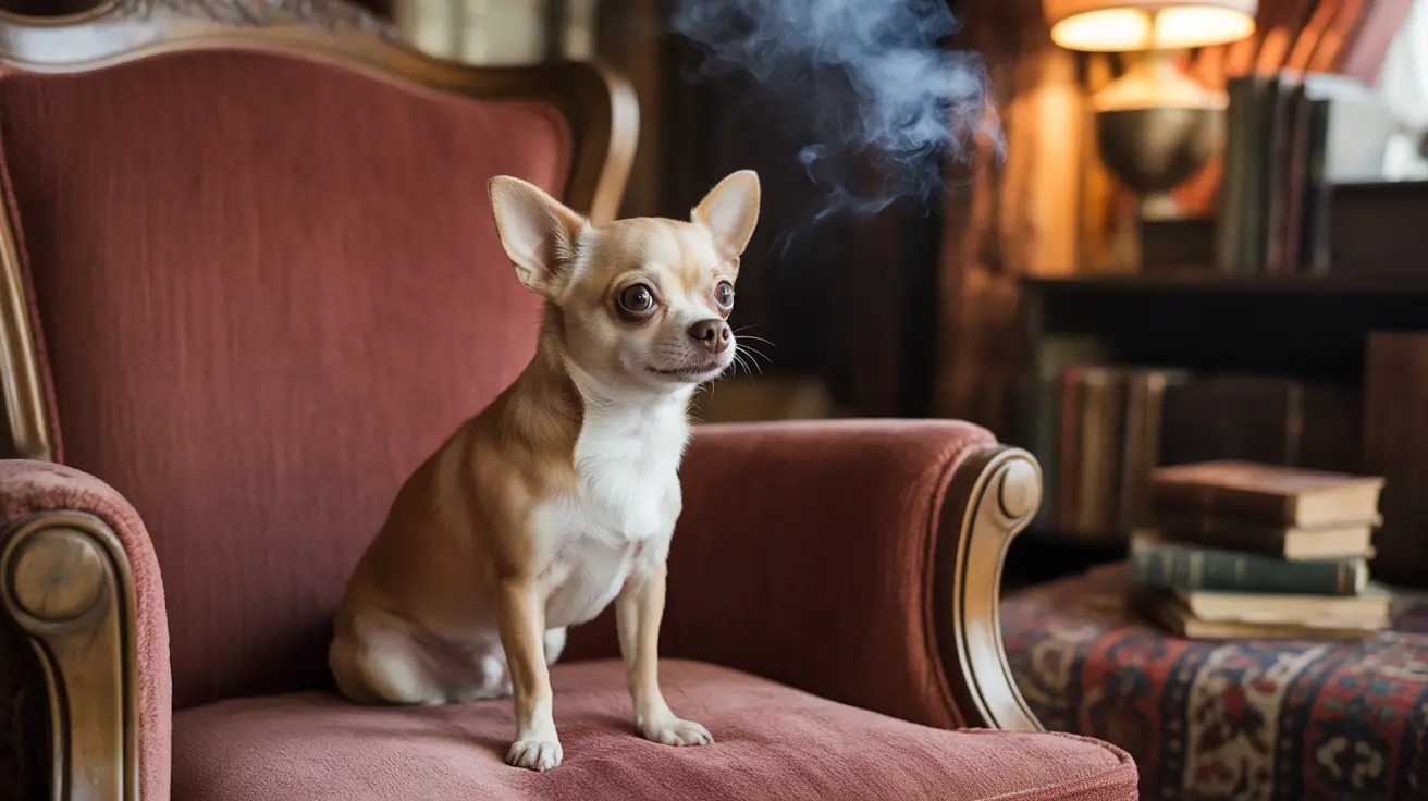 A small tan and white Chihuahua sitting on a vintage red armchair with smoke in the background