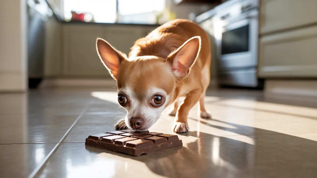 A small tan and white Chihuahua sniffing a chocolate bar on a kitchen floor